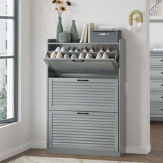 a gray cabinet with shoes on it in a room next to a window and rug