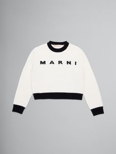 Crewneck, long-sleeved, wool-blend cashmere sweater with ribbed colorblock cuffs, hem and collar. Contrasting Marni logo on the front. Marni Sweater, Cute Hand Tattoos, Flat Heel Boots, Trunk Bag, Women Essentials, Lacing Sneakers, Sweaters Knitwear, Cool Socks, Cashmere Sweater