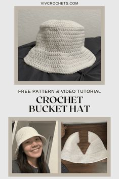 the crochet bucket hat pattern is shown in three different pictures, including one with a