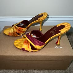 Christian Louboutin Slip On Heels In Yellow, Orange, Red, And Maroon Colors. Size 38, Fits Like A Us 7. Very Comfortable And Perfect 85mm Heel Height. Never Worn, In Perfect Condition. Price Is Written On The Box As It Was Purchased At Sample Sale. Louboutin Spiked Heels, High Heel Collection, Givenchy Dresses, Dream Heels, Fran Fine Outfits, Dess Dior, Funky Heels, Red Kitten Heels, Louboutin Wedges