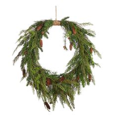 Vintage Cedar Wreath -  36 Simple Christmas Wreath, Pinecone Wreaths, Cedar Wreath, Raz Imports, Pretty Wreath, Pinecone Wreath, Unique Christmas Decorations, Battery Operated Candles, Beautiful Wreath