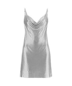 Versace Silver Metal Dress | italist Metallic V-neck Evening Dress, Chic Satin Dress With Sequins, Chic Satin Sequin Dress, Elegant Silver Sequin Mini Dress, Chic Shiny Formal Dresses, Metallic Shiny Sequin Evening Dress, Metallic Shiny Sequin Dress For Evening, Shiny Sleeveless Cocktail Dress, Metallic Sequin Dress For Evening