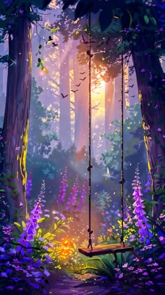 a swing in the middle of a forest filled with purple and yellow flowers at sunset