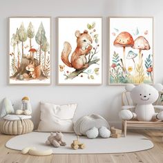 two paintings on the wall of a child's room with toys and stuffed animals