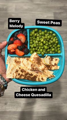 a person holding a blue plate filled with different types of food and words on it