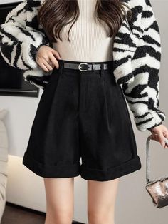 Dark Academia High Waist Shorts Trendy Shorts For Fall, Trendy High-waisted Corduroy Shorts, Trendy High Waist Corduroy Shorts, Trendy Corduroy Shorts, Black Cotton Shorts For Fall, Trendy Black Winter Shorts, Trendy Black Shorts For Winter, Trendy Wide Leg Shorts For Fall, Trendy High Waist Shorts For Winter