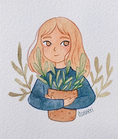 a drawing of a girl holding a potted plant