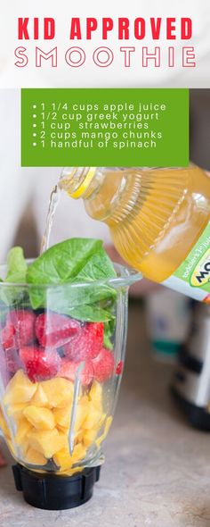 a blender filled with fruits and vegetables next to a bottle of juice that says kid approved smoothie