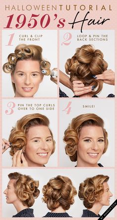 1950s Hairstyles Tutorial, 1950s Hair Tutorial, 1950 Hairstyles, Easy 50s Hairstyles, 1950s Hair And Makeup, 1950s Hairstyle, 1950s Beauty, Cabelo Pin Up, Retro Curls