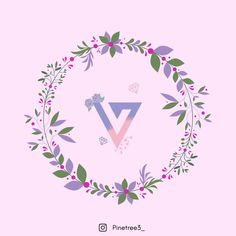 the letter v surrounded by leaves and flowers on a light pink background with purple lettering