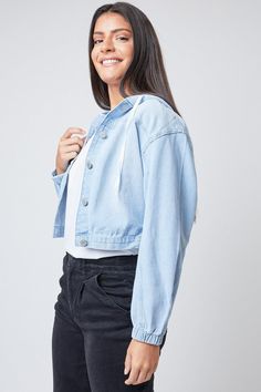 Our Women's Crop Hooded Denim Jacket features relaxed fit with front button closure, elastic hem long sleeves, hoodie, and cropped length. Measurement (Based on size M) - Sleeve Length (From shoulder seam): 22.5” - Length: 21” - Chest: 20 - Model is wearing size S Machine wash cold. 81% Cotton/ 10% Polyester/ 9% Rayon Ymi Jeans, Hooded Denim Jacket, Length Measurement, Medium Blue, Women Crop, Denim Jacket, Relaxed Fit, Long Sleeves, Sleeve Length