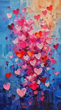 an abstract painting with lots of hearts floating in the air on a blue and pink background