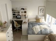 a bedroom with a bed, desk and chair