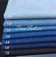 five different types of jeans stacked on top of each other with the words, tima fabric