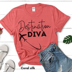 Trendy cute Destination Diva Cotton tee. .: Made with medium fabric (5.3 oz/yd² (180 g/m consisting of 100% cotton for year-round comfort that is sustainable and highly durable.  .: The classic fit of this shirt ensures a comfy, relaxed wear while the crew neckline adds that neat, timeless look that can blend into any occasion, casual or semi-formal. .: The tear-away label means a scratch-free experience with no irritation or discomfort whatsoever. .: Made using 100% US cotton that is ethically Summer Travel Cotton T-shirt, Cotton T-shirt For Summer Travel, Cotton T-shirt For Travel In Summer, Casual Summer Travel T-shirt, Summer Travel Cotton Tops, Summer Cotton Top For Travel, Short Sleeve T-shirt For Summer Travel, Summer Travel Graphic Tee Tops, Summer Crew Neck Tops For Travel