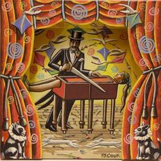 a painting of a man playing the piano with a racoon sitting next to him