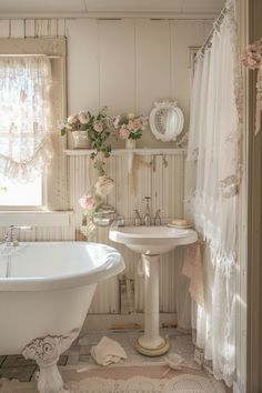 a white bath tub sitting under a window next to a sink in a room filled with flowers