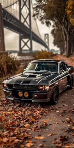 a black car parked on the side of a road next to trees and a bridge