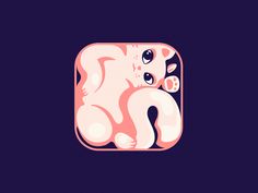 a pink cat with big eyes sitting on top of a purple square frame in the shape of a rectangle