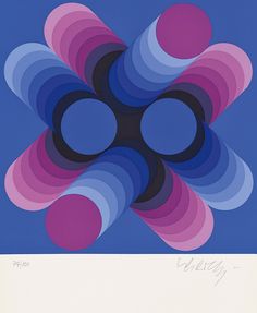 an abstract painting with blue, pink and black circles in the center on a blue background