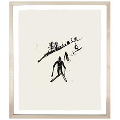 a black and white drawing of skiers going down a hill with trees in the background