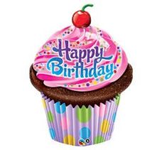 a birthday cupcake foil balloon with a cherry on top and the words happy birthday