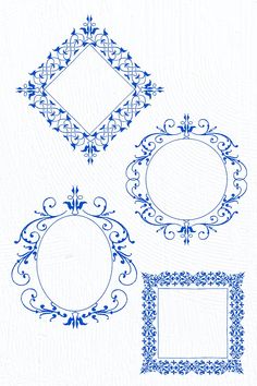 four different frames with blue designs on white paper, each one has an ornate design