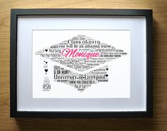 a black and white framed word art print