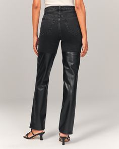 On-trend 90's-style ultra high rise straight jeans with built-in stretch for superior comfort featuring our highest rise that sits at your natural waist and looks great with your shirt tucked or untucked. With refined details and a vintage feel from top to bottom, this style features a longer-length inseam, black wash, on-trend vegan leather mixed fabric detail and clean hem. Trendy Black Straight Jeans, Black Jeans With Straight Hem For Fall, Chic Fitted Rigid Denim Pants, Trendy Straight Jeans For Fall, Fitted Rigid Denim Pants With Straight Hem, Black Straight Fit Bottoms For Fall, High Waist Straight Fit Jeans For Fall, Straight Fit High-waist Jeans For Fall, High Waist Mom Fit Jeans For Fall