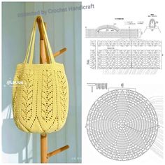 a crocheted bag hanging on a wooden stand next to an image of the pattern