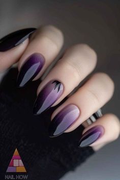 Black Color Nails Designs, Black Lavender Nails, Sharp Purple Nails, Nails Dark Colors Designs, Black Purple Chrome Nails, Smokey Purple Nails, Violet And Black Nails, Dark Purple Ombré Nails, Dark Purple Ombre Nails Glitter