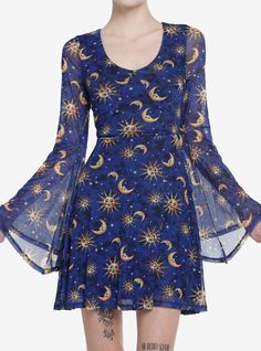 Elevate your look to cosmic levels with this witchy piece! This dress features a mesh layer with an allover sun and moon print. Comes with mesh bell sleeves and side seam pockets.96% polyester; 4% spandexWash cold; dry lowLength: 35''ImportedListed in junior sizes Cosmic Aura, Celestial Dress, Sun And Moon Print, Whimsical Witch, Hot Topic Dresses, Moon Dress, Tall Hoodies, Plus Size Fits, Moon Print