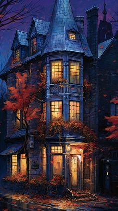 a painting of a house at night with autumn leaves on the ground and windows lit up