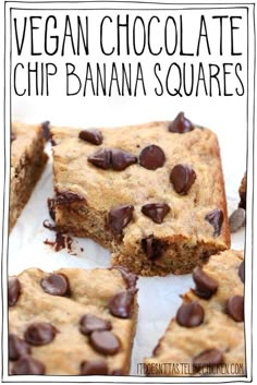 vegan chocolate chip banana squares are stacked on top of each other