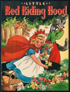 an old children's book cover with a little red riding hood and wolf in the background