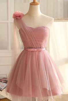 Cute Pink One-shoulder Tulle Short Dress Homecoming Dress Bridesmaid Dresses A Line, Tulle Short Dress, Dresses A Line, Cute Prom Dresses, Hoco Dresses, Tulle Dress, A Dress, Dream Dress