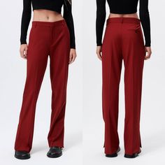 Zara Straight Leg Menswear Pants Burgundy Red - Small Brand New - With Tags !! Runs A Bit Large ( See Measurements Below ) High-Waisted Pants With Straight Leg. Vented Hems / Slits. Side Hand Pockets + Rear Welt Pockets. Belt Loops 63% Polyester 31% Viscose 6% Elastane Approximate Measurements: 14.5" Across Waist 11" Rise 18.5" Across Hips 32" Inseam S- Ee Classic Fitted Burgundy Bottoms, Red Classic Straight Leg Bottoms, Classic Red Straight Leg Bottoms, Tailored Classic Red Pants, Casual Red Straight Leg Dress Pants, Classic Tailored Red Pants, Casual Fitted Red Dress Pants, Classic Fitted Red Bottoms, Casual Red Fitted Dress Pants