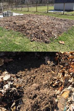 the before and after pictures of a yard with mulchy grass, dirt, and wood chips