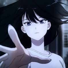 an anime character with long black hair and blue eyes giving the peace sign in front of her