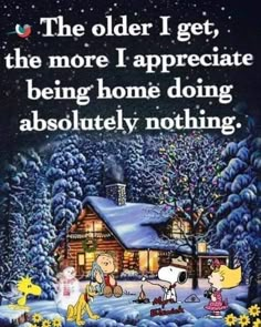 a charlie brown christmas card with snoop and his family in front of a cabin at night