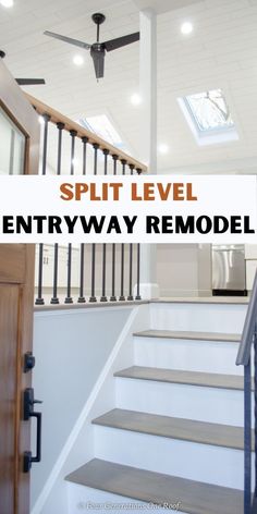 split level entryway with black balusters and vaulted shiplap ceiling Split Level Entry Way, Split Foyer Entry, Split Level House Remodels, Stairs Decor Ideas, Entryway Remodel, Split Foyer Remodel, Split Level Home Designs, Split Level Entry, Split Entry Remodel