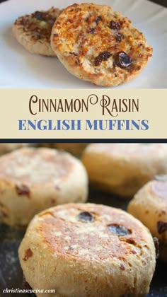 cinnamon raisin english muffins on a plate with the words cinnamon raisin english muffins