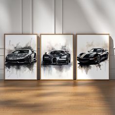 three black sports cars are shown in this set of three art prints on the wall