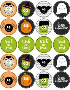 halloween cupcake toppers with different faces and words in black, green, orange and white