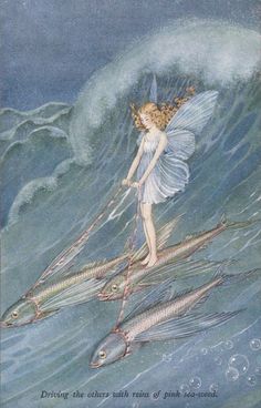 a fairy is riding on two fish in the ocean