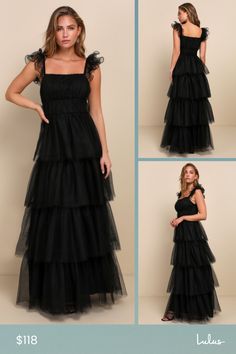 We're totally head over heels for the Lulus Tulle For Love Black Mesh Tulle Tiered Ruffled Maxi Dress and we think you will be too! Lightweight tulle and airy mesh come together to shape this stunning dress. Elasticized straps boast sculptural ruffled trim as they support a bodice with a square neckline (with hidden no-slip strips) and an empire waist. Skirt has a voluminous tiered design, finishing at a maxi hem. Hidden zipper/clasp at side. Fit: This garment fits true to size. Length: Floor le Lulu Fashion, Love Black, Head Over Heels, Tiered Maxi Dress, Ruffled Maxi Dress, Square Necklines, Black Mesh, Stunning Dresses, Square Neckline