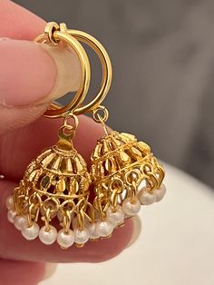 Pearl Hoop Earrings Gold, Simple Jhumka, Hoop Earrings Gold Indian, Earrings Indian, Elegant Brass Jhumkas For Diwali, Clip Earrings, Traditional Gold Clip-on Earrings For Festivals, Gold Jhumkas For Rituals, Gold Brass Bollywood Jhumkas