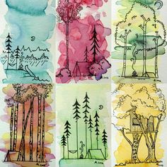 watercolor and ink drawings of trees in different colors