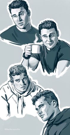 three different pictures of men with one holding a cup and the other looking at something