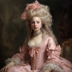 a painting of a woman with long blonde hair wearing a pink dress and pearls on her head